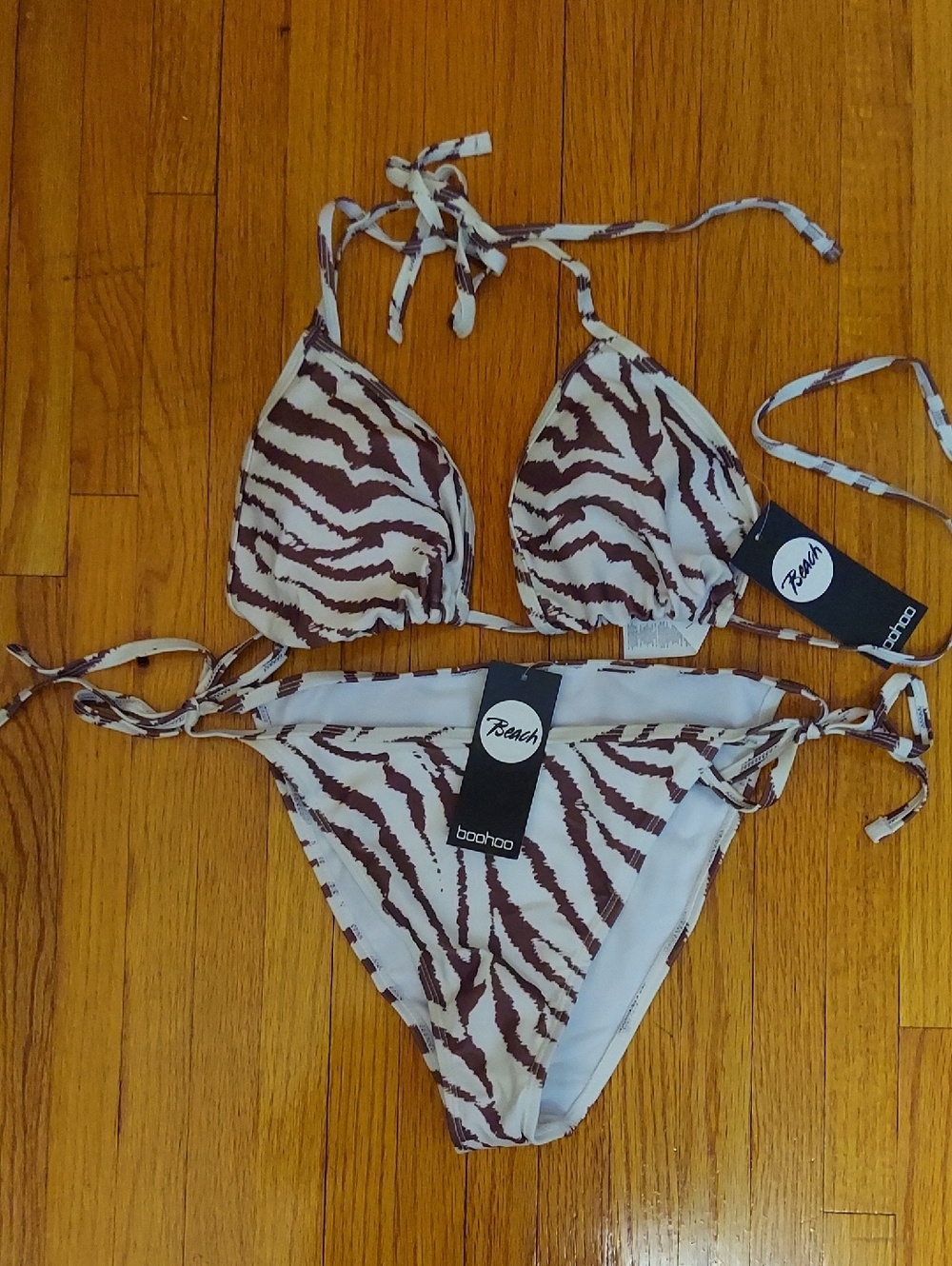 Boohoo Brown & White Zebra-Stripe Triangle Bikini Set